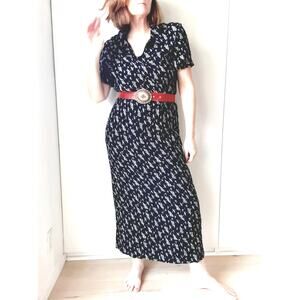 Womens Vtg 90s Midi Dress Black White Ditzy Floral Print Size S Rayon